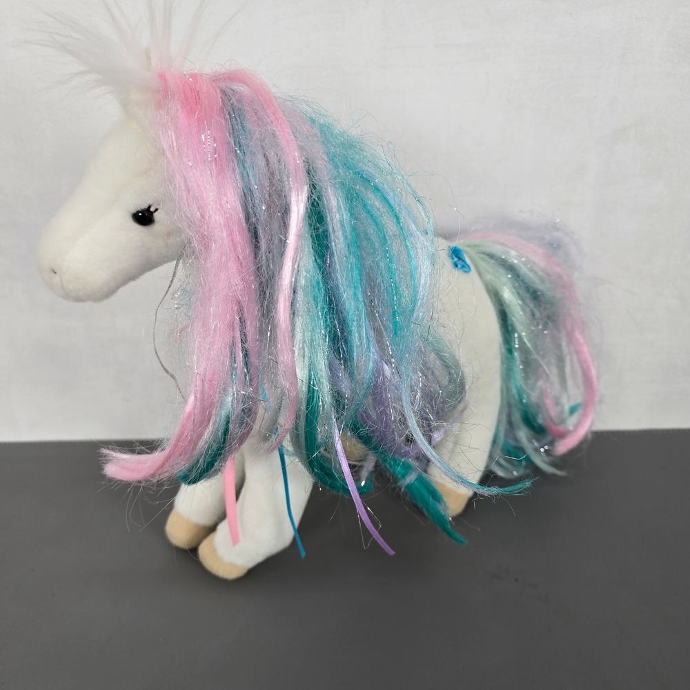 Douglas Cuddle Toys White Horse Plush Toy Pink Teal Purple Mane Ribbons Item 763